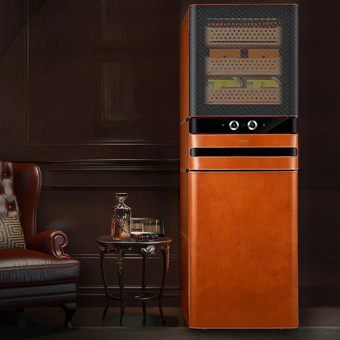 Large brown and black digital humidor with large cigar capacity and digital controls