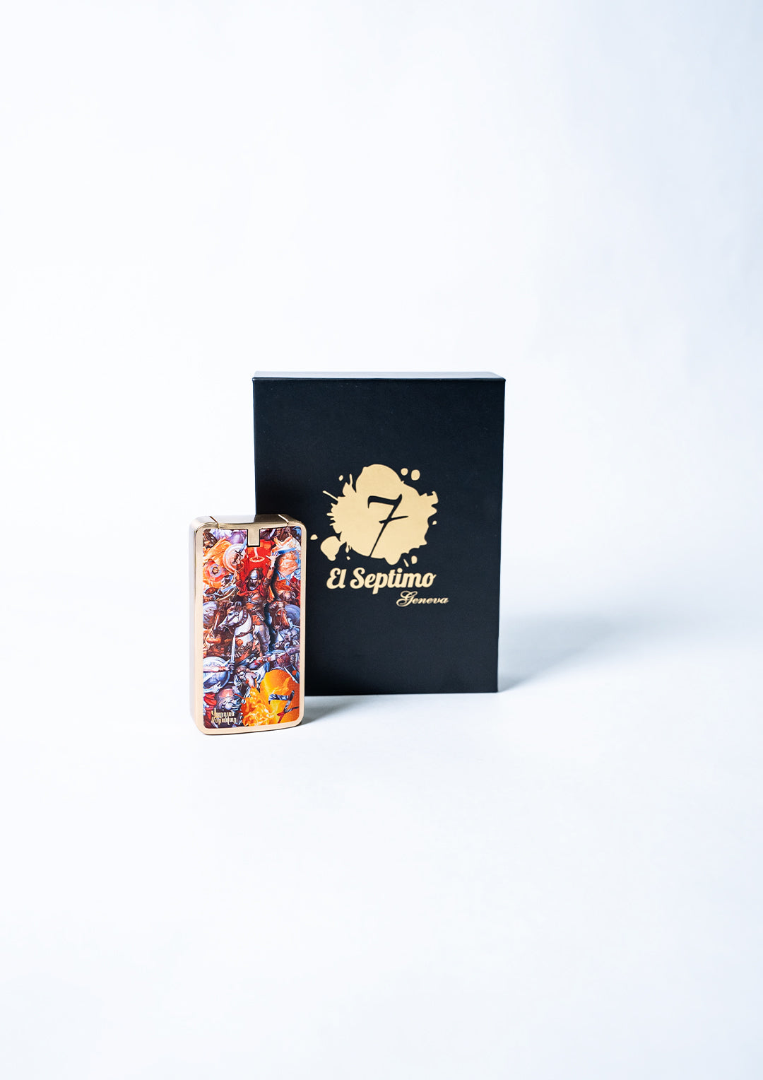 Emperor Vartan Triple Torch Lighter next to black cigar box with El Septimo Geneva in gold letters