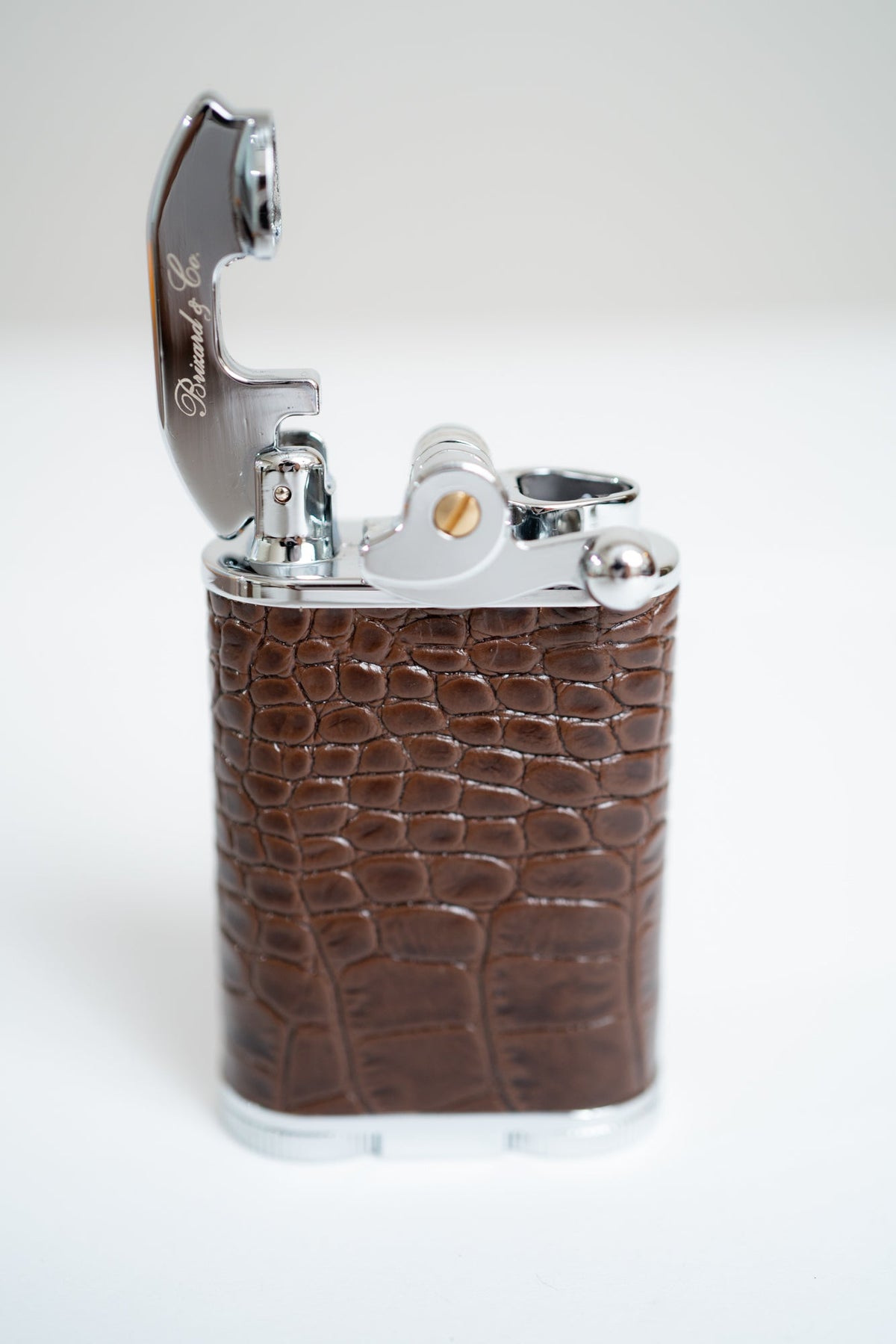 Brown Gatsby Table Lighter, expertly crafted with a genuine leather finish in a refined crocodile pattern.