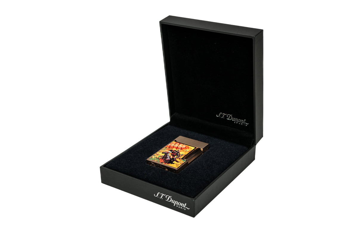 Luxury black cigar box with velvet finish on the inside holding an Emperor Yao gold cigar lighter