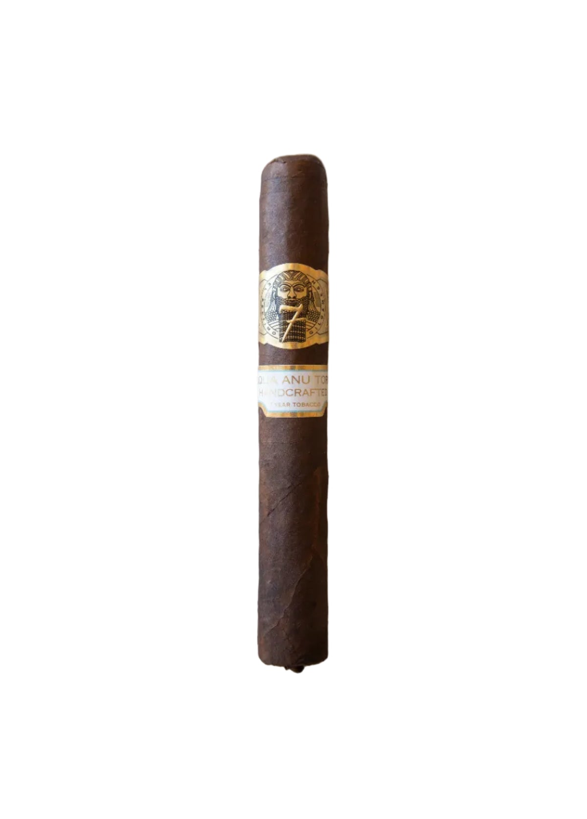 El Septimo Aqua Anu Toro A single cigar with a dark, oily wrapper, featuring a band with gold text and design, resting against a white background.