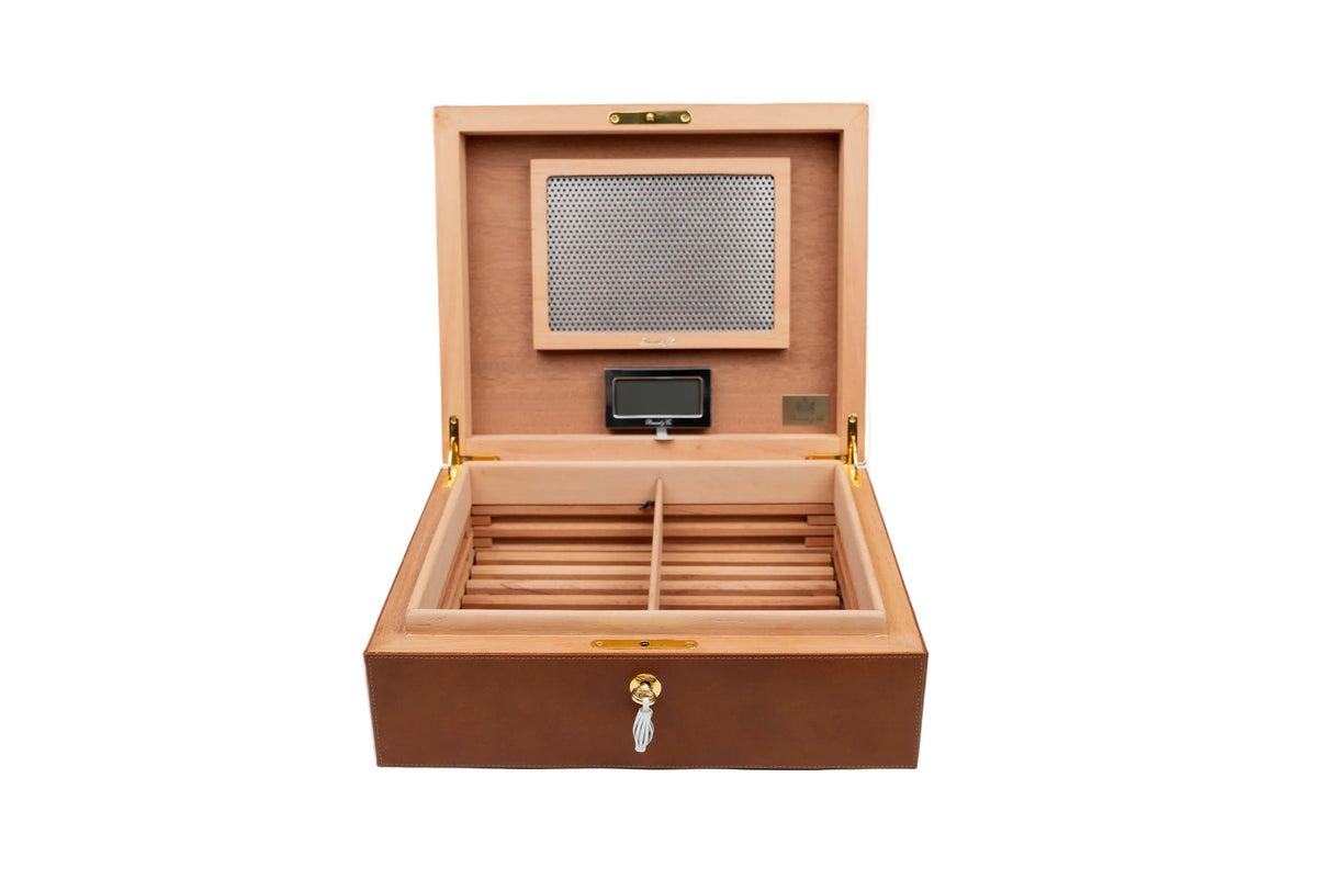 Brizard & Co – “Airflow” Cigar Humidor (30/40 Count) - Whisky Calf Leather & White Collection