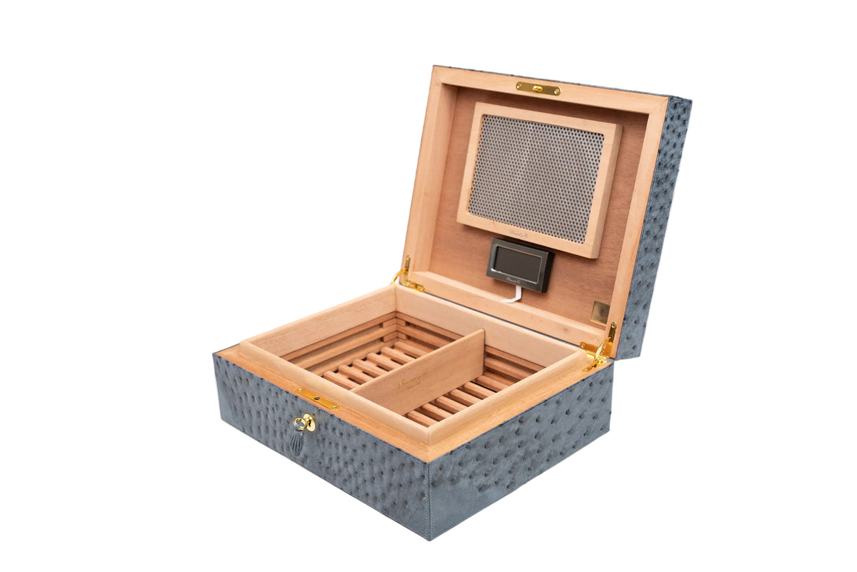 Brizard & Co - "Airflow" Cigar Humidor (30/40) - Genuine Ostrich Bruciato Denim