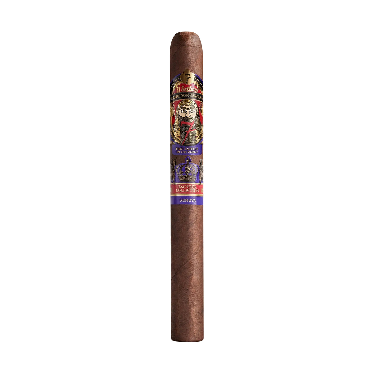 El Septimo King Sargon Maduro Churchill. Long slender dark brown cigar with a wrapper that is purple, gold, black and red with an illustration of emperor sargon.