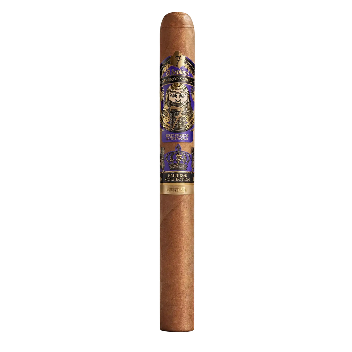 El Septimo King Sargon Connecticut Churchill. A brown cigar wrapped in a purple, gold and black label with an illustration of Emperor Sargon