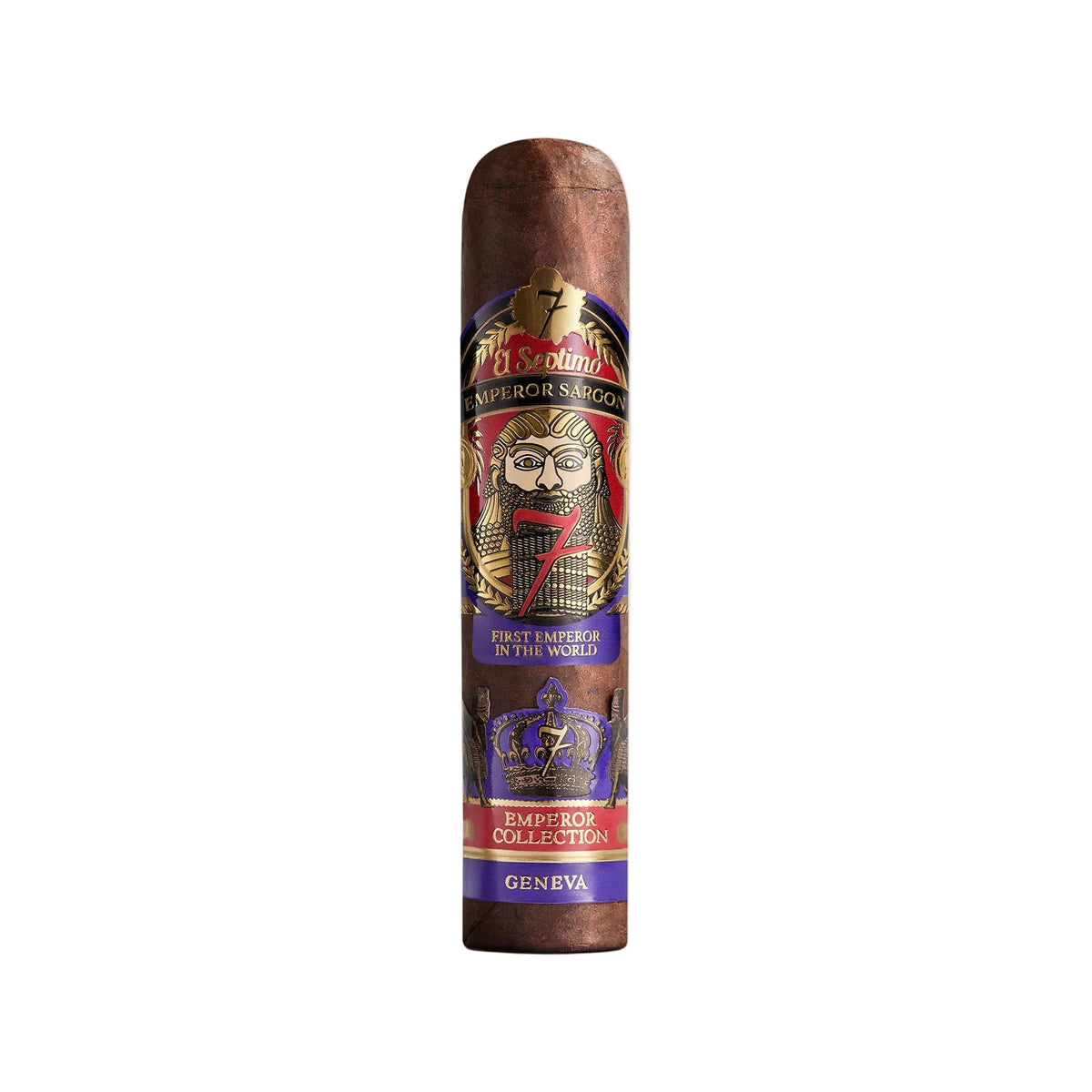 King Sargon Maduro Robusto is wrapped in a flawless, dark Maduro leaf with a label that is purple, gold, red and black with an image of Emperor Sargon.