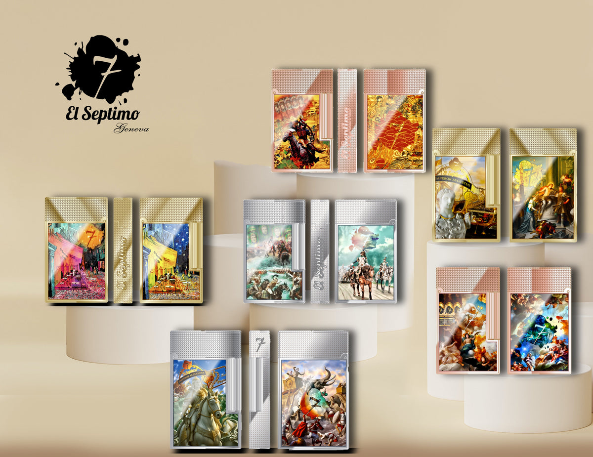 Photo of entire S.T. Dupont x El Septimo Limited Edition Emperor Collection Cigar Lighters with photos of 6 high end cigar lighters made of solid brass and finished with gold, rose gold or palladium.