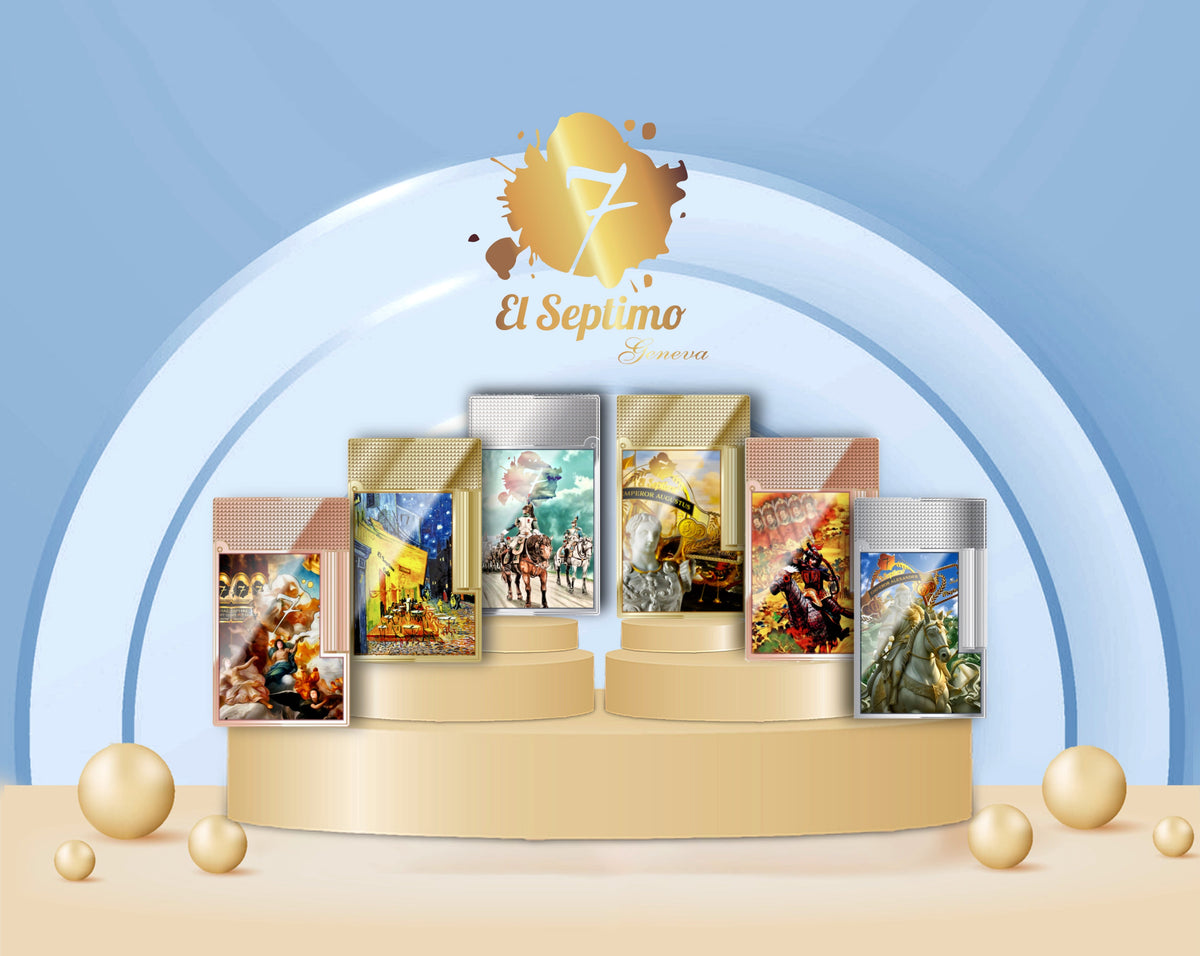 Photo of entire S.T. Dupont x El Septimo Limited Edition Emperor Collection Cigar Lighters with photos of 6 high end cigar lighters made of solid brass and finished with gold, rose gold or palladium on a gold platform.