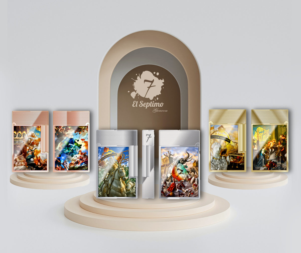 rose gold, gold, and silver high end cigar lighters featuring emperors on the front. 