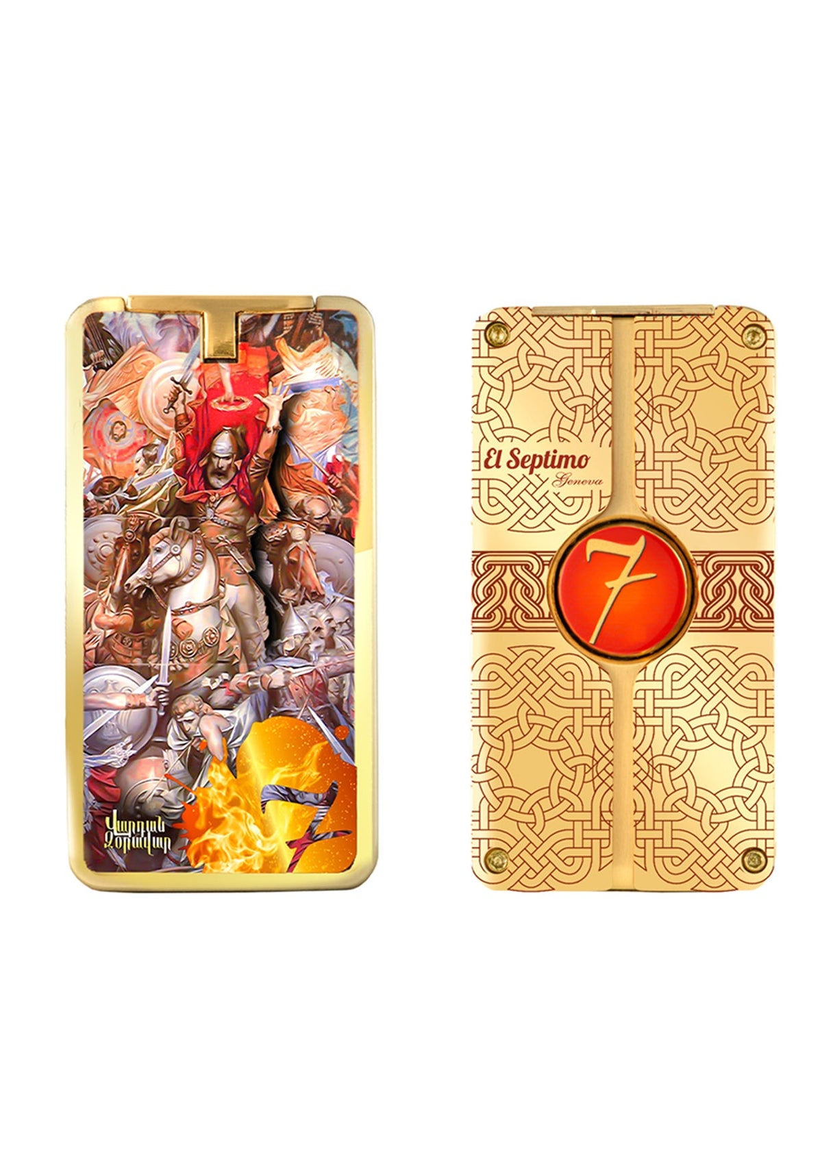 Emperor Vartan Triple Torch Cigar Lighter in gold and red. The lighter has an image of the emperor in battle on a white horse