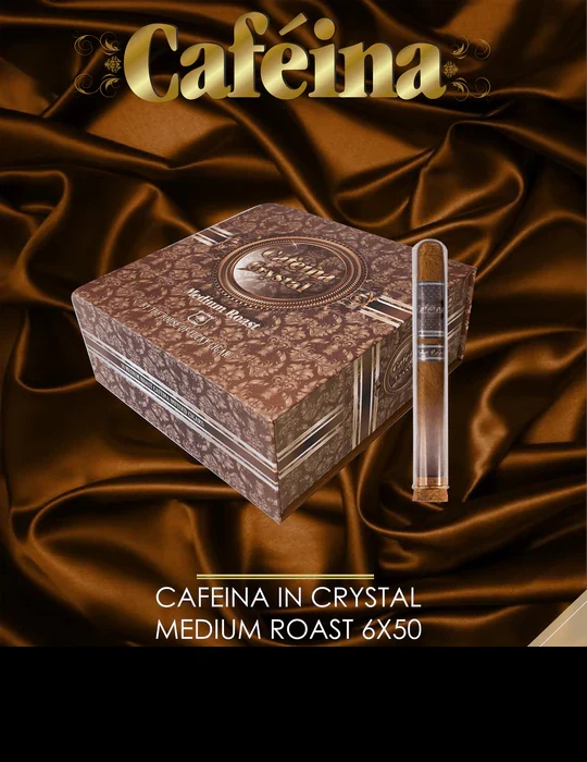 A pack of Lucky Cigar Cafeina Medium Roast cigars, with one cigar placed next to the box. The box has a brown and gold color scheme with intricate patterns and the Cafeina brand prominently displayed.