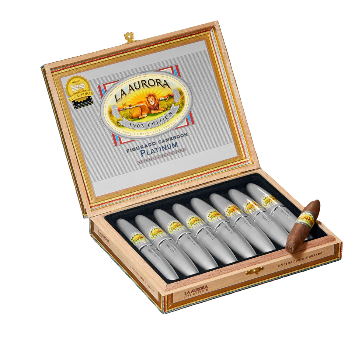 Open box of 8 La Aurora Preferido Platinum Tubo cigars