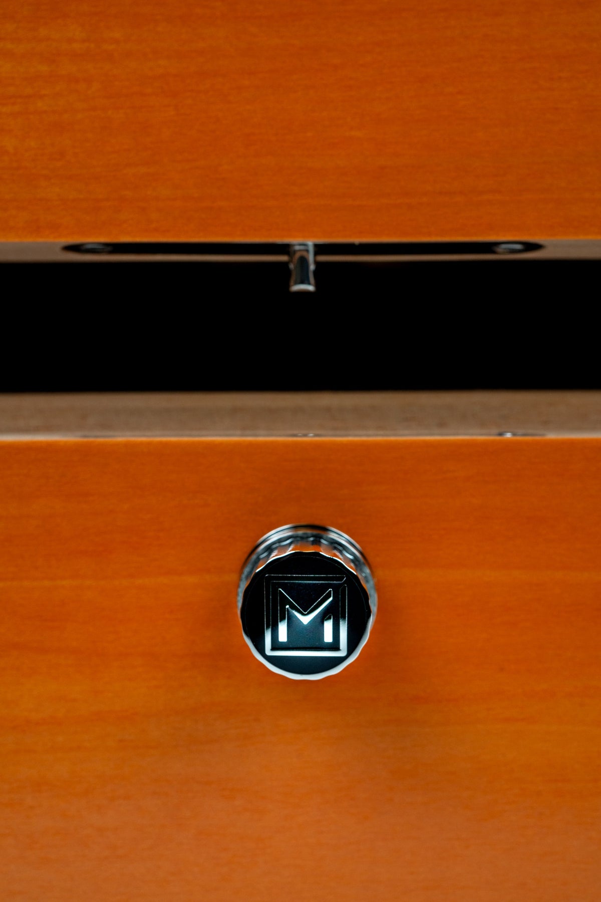 signature M button on the front of Maccarrone World Map Colors Humidor