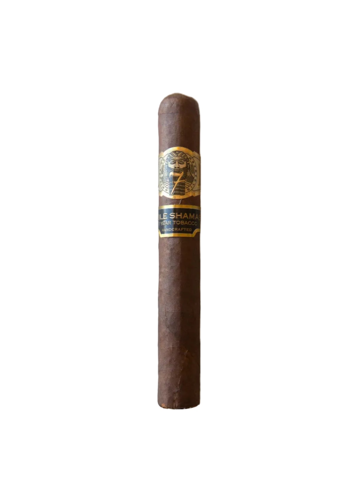A single cigar with a wrapper displaying a label which reads 'El Septimo Sable Shamash'.