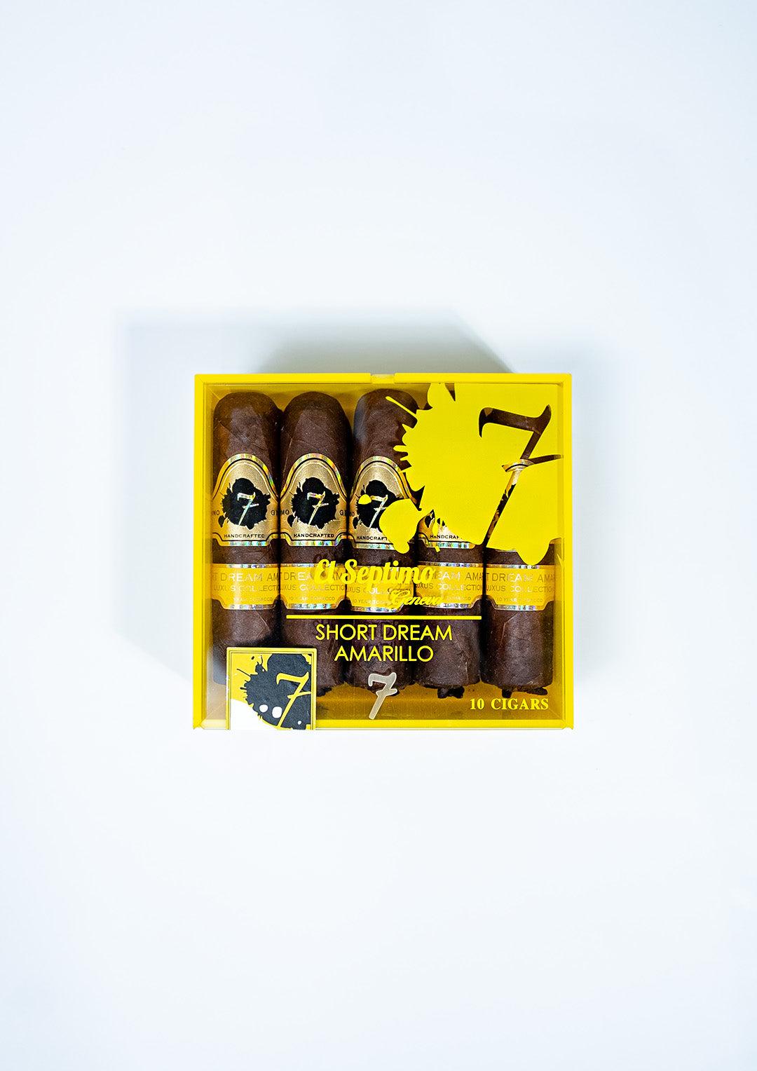 Box of El Septimo Short Dream Amarillo cigars with a yellow and black design on a white background