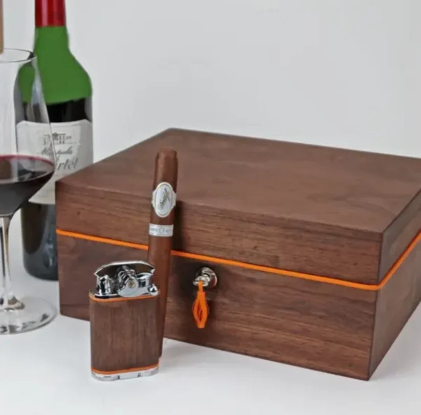 Brizard & Co - “Airflow” Cigar Humidor (30/40 Count) - Curly Walnut and Orange Leather Collection