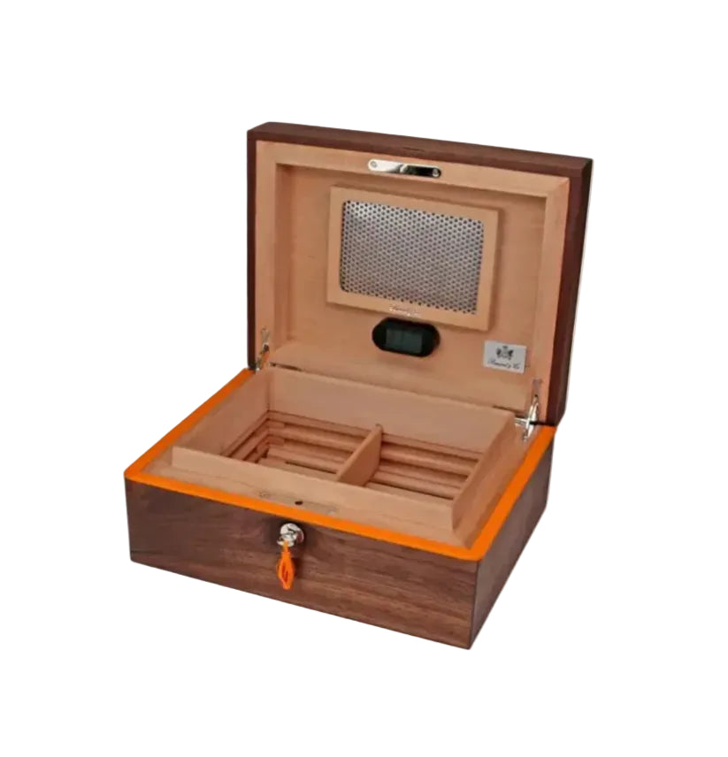 Brizard & Co - “Airflow” Cigar Humidor (30/40 Count) - Curly Walnut and Orange Leather Collection