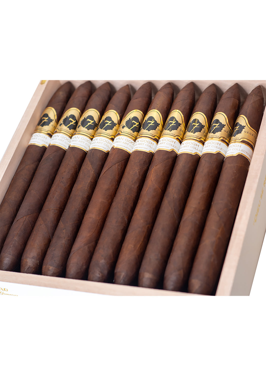 close up of 20 El Septimo Van Gogh cigars in a wooden box